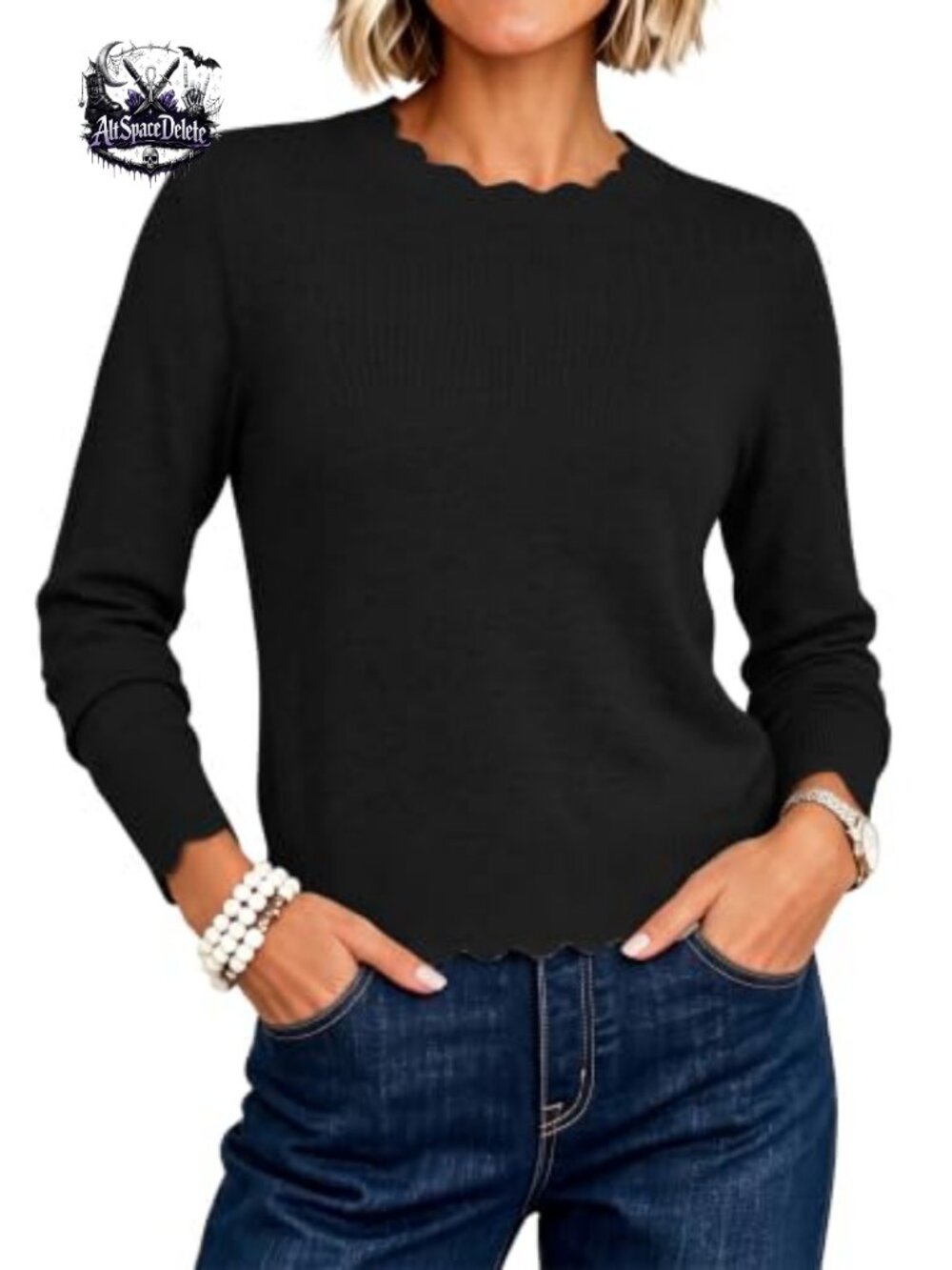 ANRABESS Ribbed Knit Cropped Sweater Scallop Edge Long Sleeve Pullover